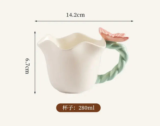 Artisan Blossom Tea Cup & Leaf Saucer Set – Handcrafted 280ml Ceramic Coffee Mug
