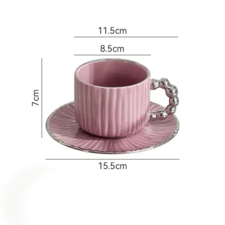 Luxe Pearl Handle Ceramic Mug & Saucer – Ribbed Aesthetic Tea Cup (280ml)