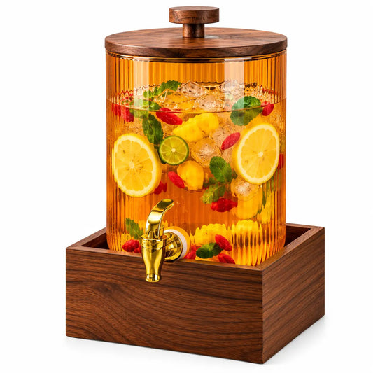 3.6L Ribbed Glass Beverage Dispenser with Wood Base