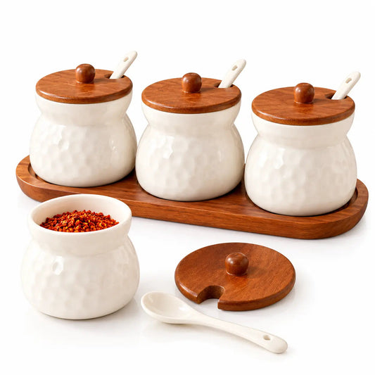 White Ceramic Spice Jar Set with Wood Tray – 3 Jars