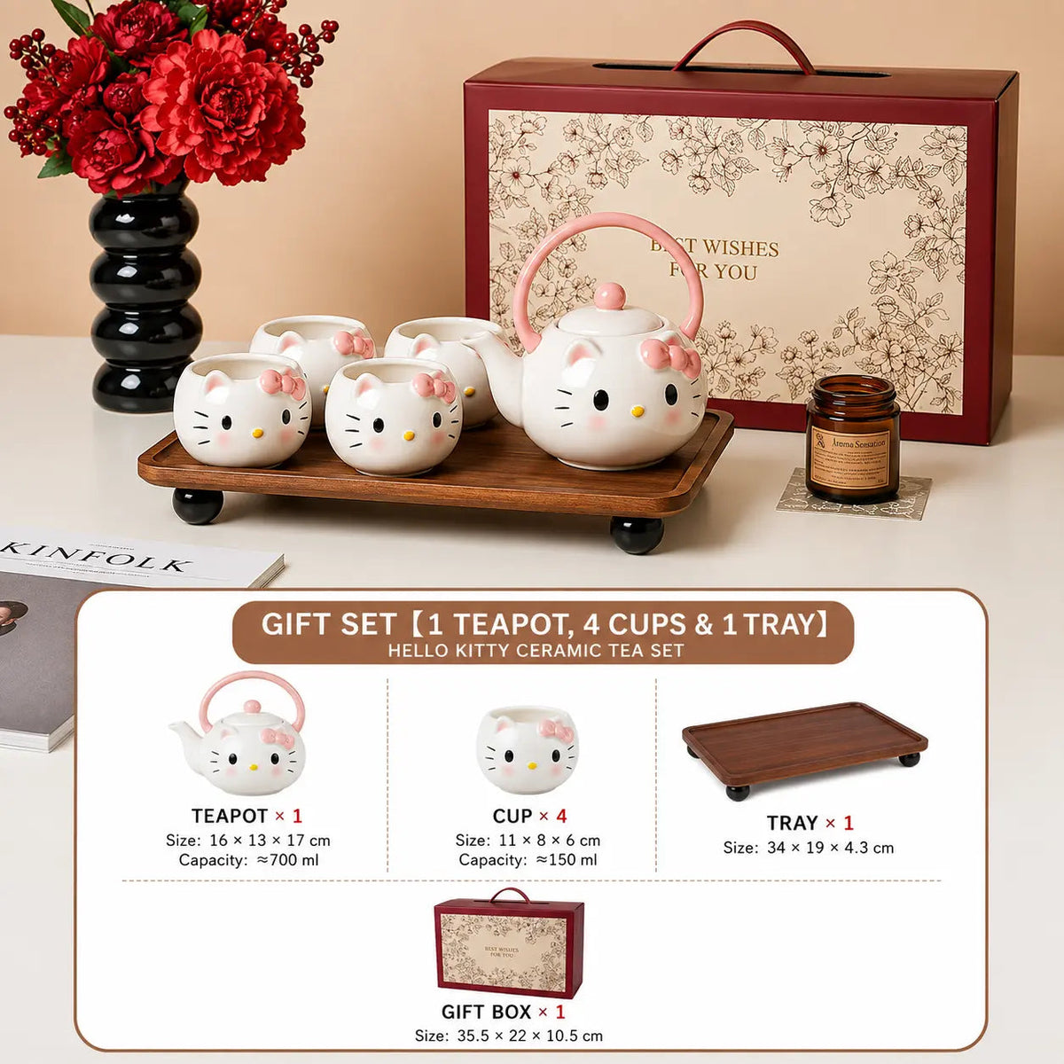 Cat-Themed Ceramic Tea Set with Teapot & 4 Cups – Gift Box Included
