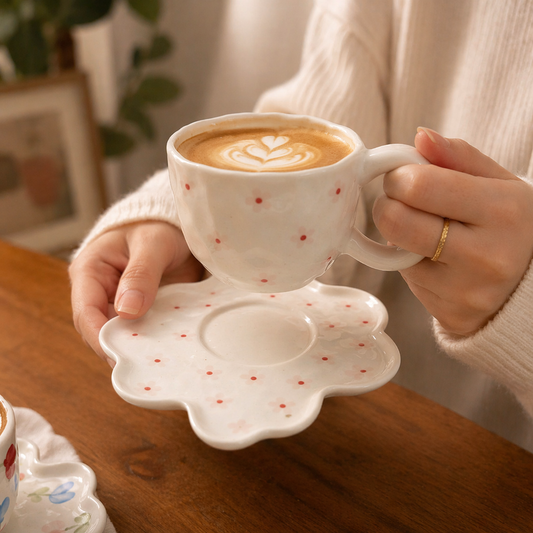 Artisan Petal Dot Cup & Saucer – Minimalist Floral Ceramic Tea Set