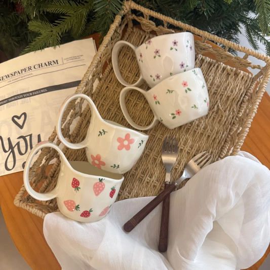 Wildflower & Vine Duo – Artisan Strawberry Ceramic Mug & Scalloped Dessert Plate