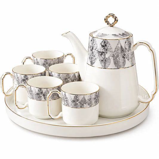 Silver Leaf Ceramic Teapot & 5-Cup Serving Set