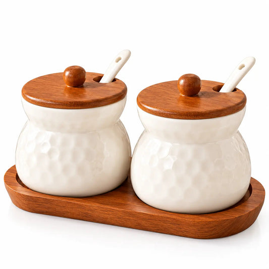 White Ceramic Spice Jars with Wooden Tray – Set of 2
