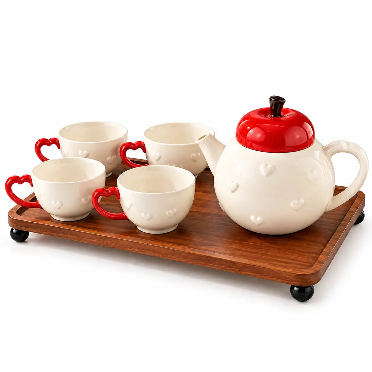 Apple-Inspired Ceramic Tea Set with Heart Cups – 6pc