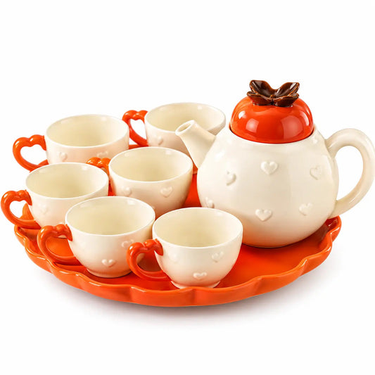Orange Heart Ceramic Tea Set with Tray – 8 Pieces