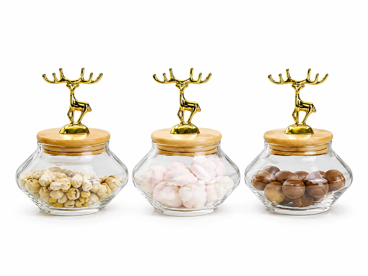 3-Piece Glass Storage Jar Set with Golden Deer Handles