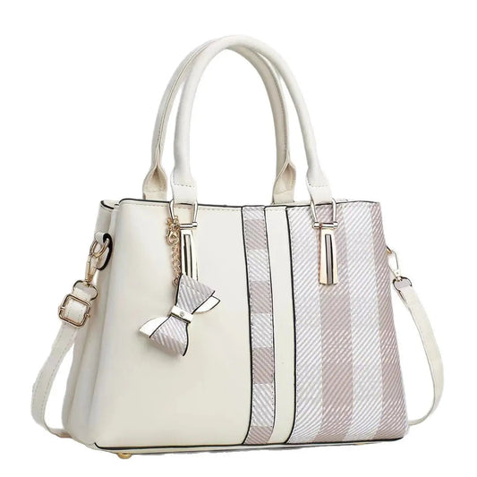 Aria Bow-Charm Tote – Structured Patterned Paneled Handbag & Shoulder Bag