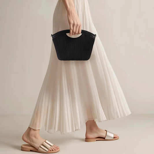 Petal-Pleated Top Handle Bag – Minimalist Vegan Leather Crossbody & Tote
