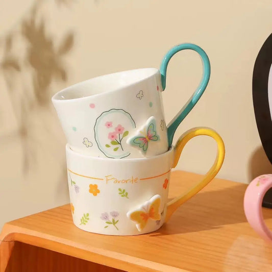 Floral Butterfly Ceramic Mug with Colored Handle