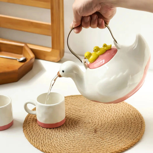 Duck-Shaped Ceramic Tea Set with 2 Matching Cups