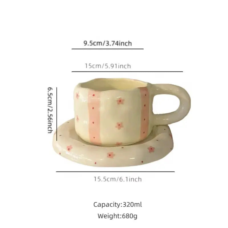 Meadow Stripe Duo – Artisan Hand-Painted Ceramic Cup & Floral Dessert Saucer