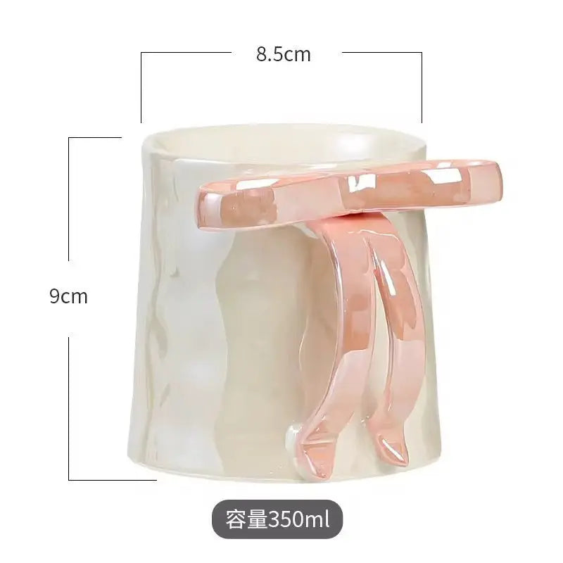 Sculptural Ribbon Handle Mug – Aesthetic 3D Bow Ceramic Coffee Cup