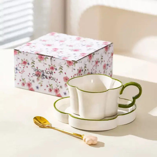 Noir-Edged Blossom Cup & Saucer – Sculptural Floral Ceramic Tea Set