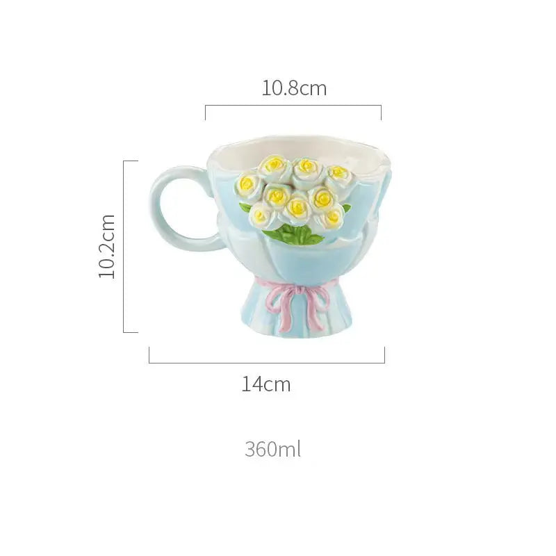 Artisan Pastel Rose Bouquet Mug – 3D Floral Sculpted Ceramic Coffee Cup
