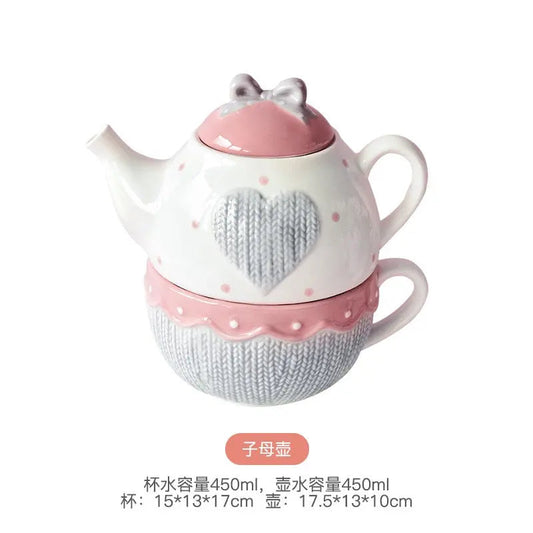 Heart Teapot & Cup Set – Kawaii Ceramic Tea Set with Bow Lid