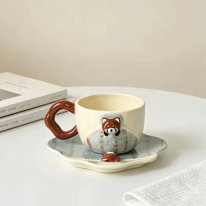 Raccoon Ceramic Coffee Cup with Shaped Saucer