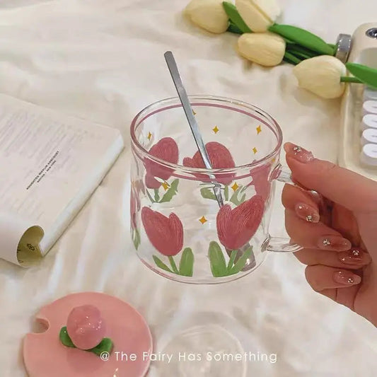 Tulip Print Glass Mug with Peach Lid & Spoon