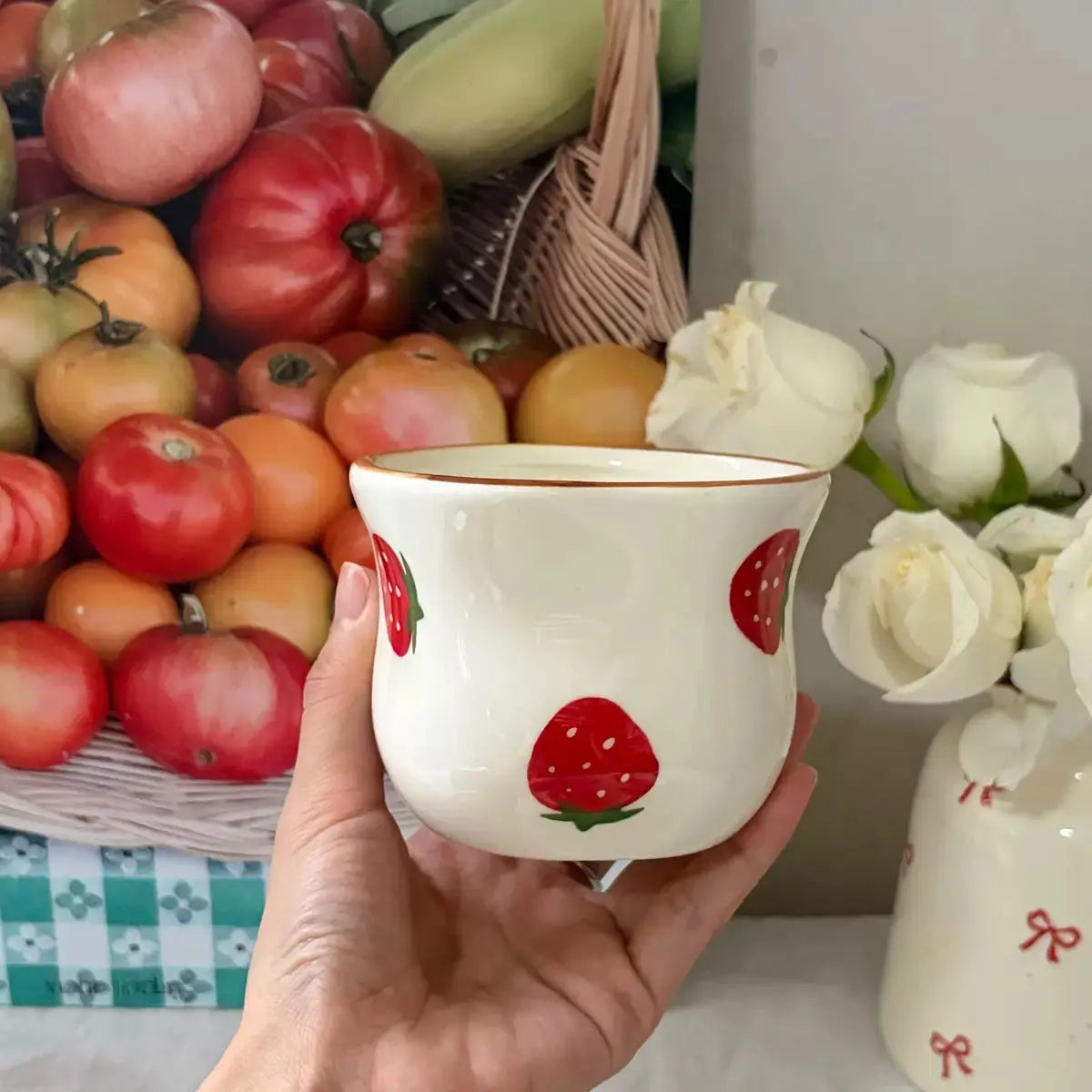 Strawberry Print Ceramic Cup with Brown Rim
