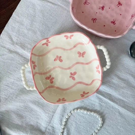 Pink Butterfly Ceramic Serving Bowl with Bead Handles