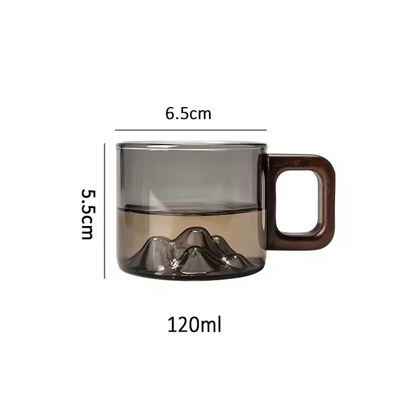 Zenith Mountain Glass Mug – 3D Peak Landscape Cup with Artisan Wood Handle