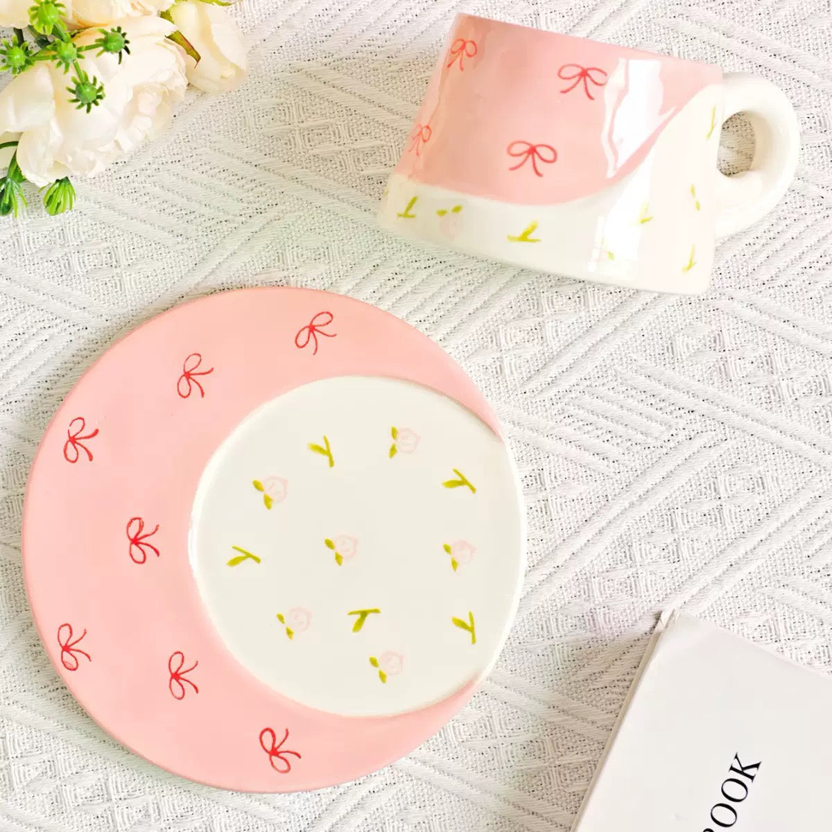 Coquette Garden Duo – Artisan Patterned Ceramic Cup & Scalloped Tea Saucer