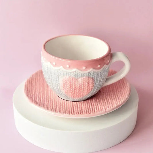 Amour Knit Duo – Artisan Textured Ceramic Cup & Sculpted Heart Saucer