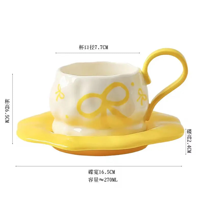Ribbon-Embossed Espresso Set – Minimalist Bow-Accent Cup & Saucer Duo
