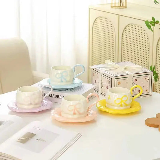 Ribbon-Embossed Espresso Set – Minimalist Bow-Accent Cup & Saucer Duo
