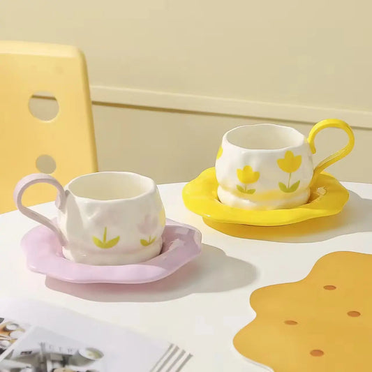 Pastel Flower Cup & Saucer – Minimalist Floral Ceramic Tea Set