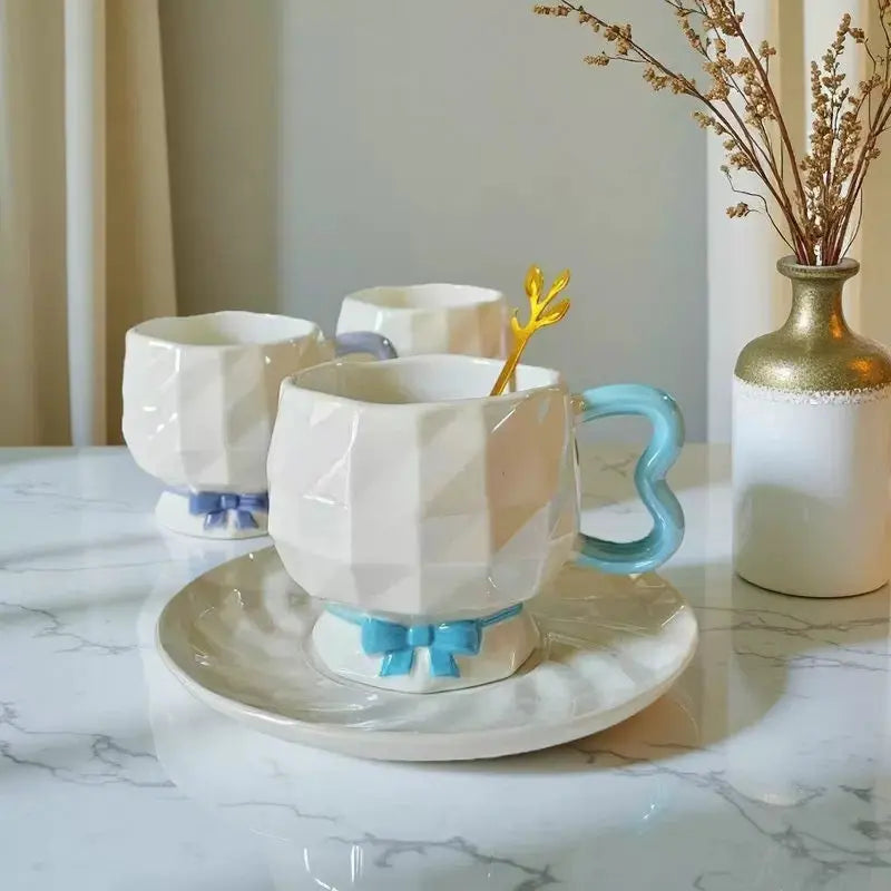 Faceted Bow Collection – Geometric Sculptural Ceramic Cup & Saucer Set