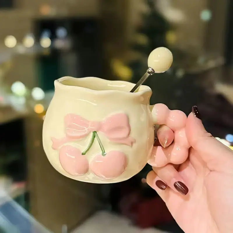 Peach & Bow Ceramic Mug with Beaded Handle