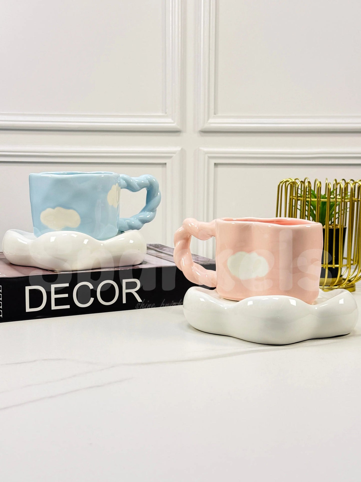 Cerulean Drift Duo – Artisan Cloud-Silhouette Ceramic Cup & Sculpted Wave Saucer