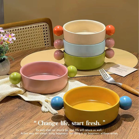 Ear Handle Ceramic Pet Bowl - Pastel Food Bowl