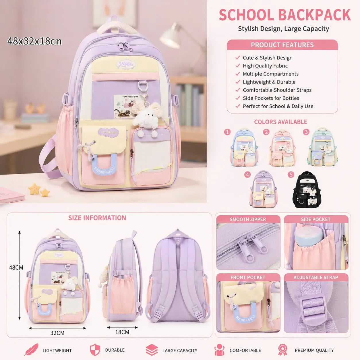 Large Capacity Pastel School Backpack for Girls with Charm