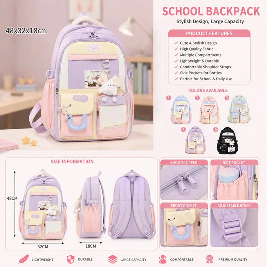 Large Capacity Pastel School Backpack for Girls with Charm