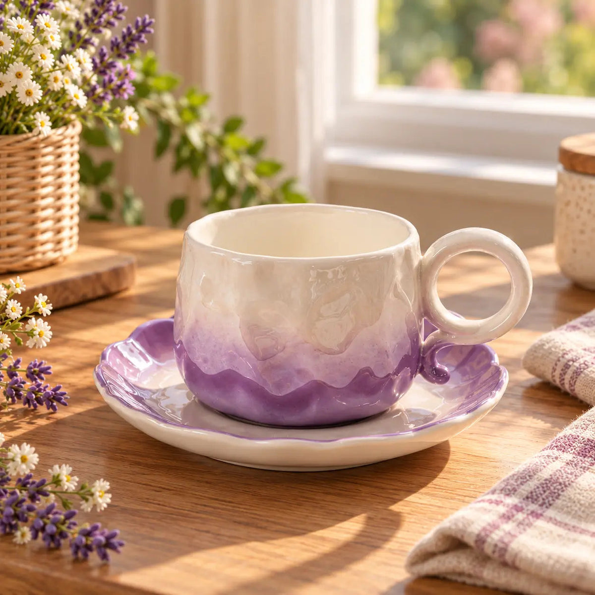 Pastel Ombre Ceramic Cup with Flower Saucer