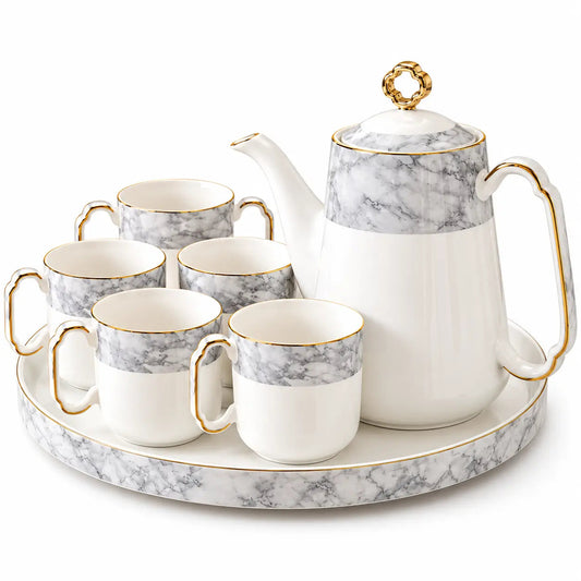 Grey Marble Ceramic Tea Set with Gold Trim – 7pc