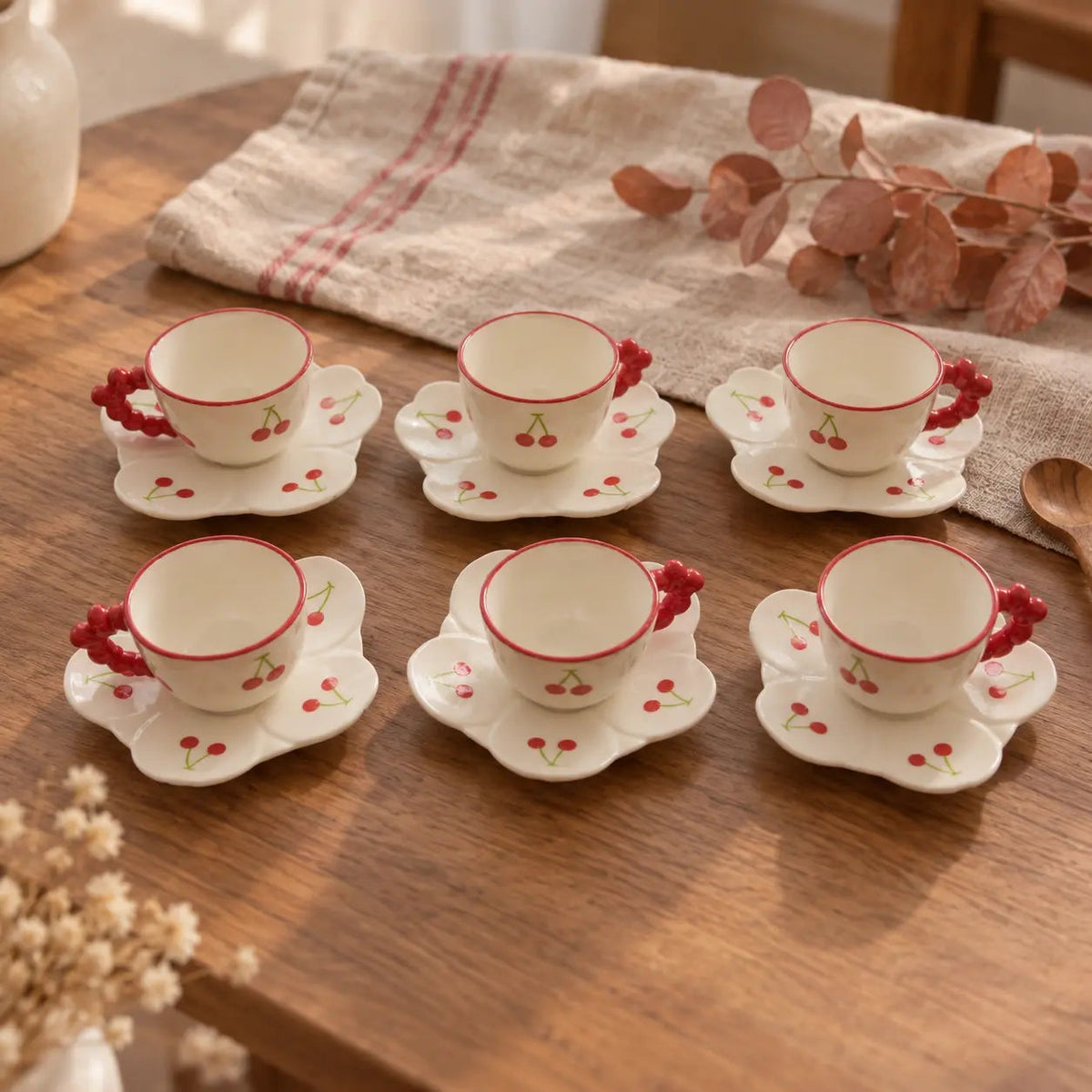 Cherry Mini Espresso Cups & Flower Saucers – 6 Pairs