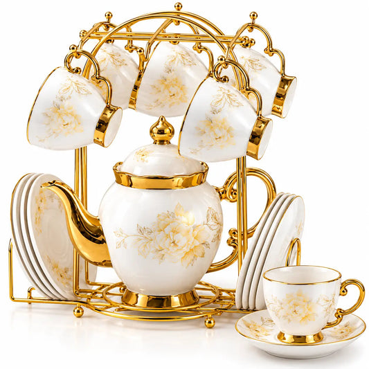 White & Gold Floral Ceramic Tea Set with Stand – 14pc