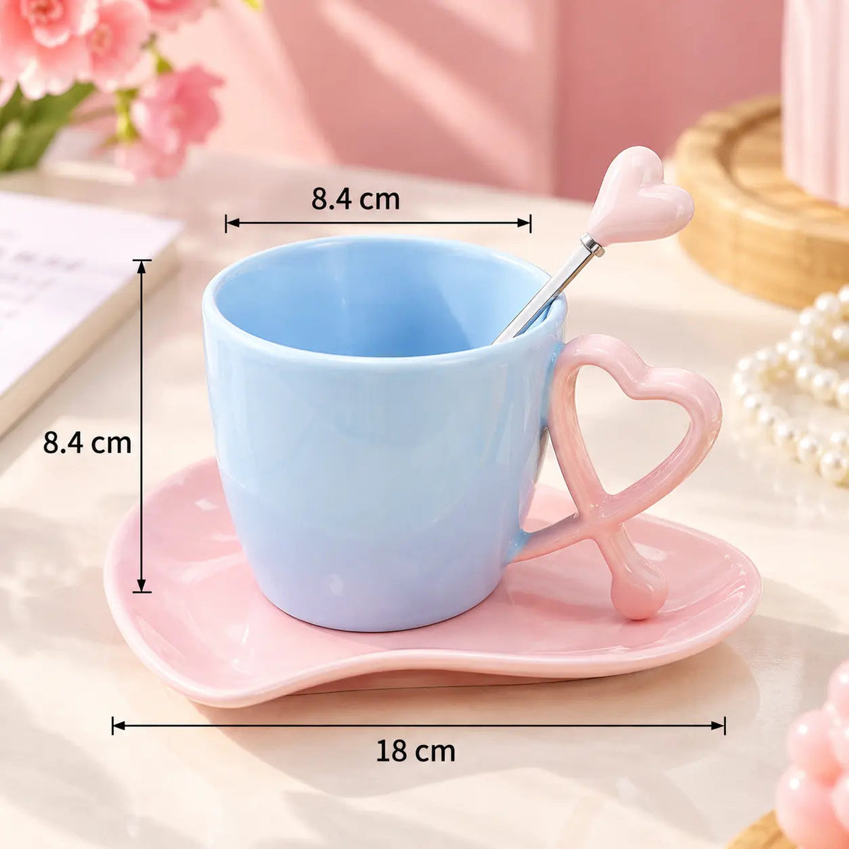 Heart Handle Pastel Ceramic Cup, Saucer & Spoon