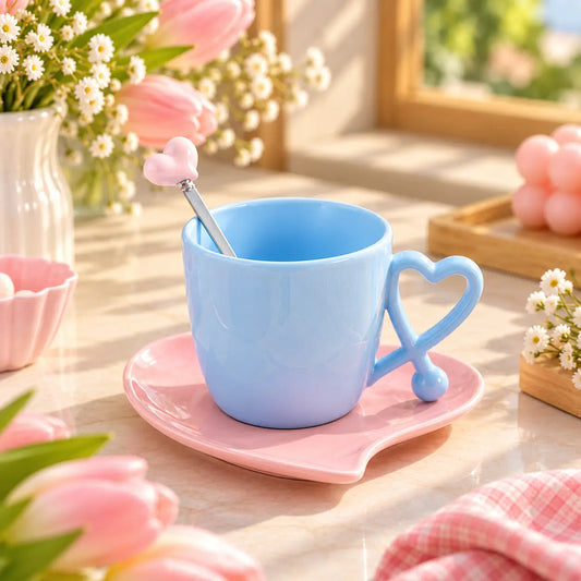 Heart Handle Pastel Ceramic Cup, Saucer & Spoon