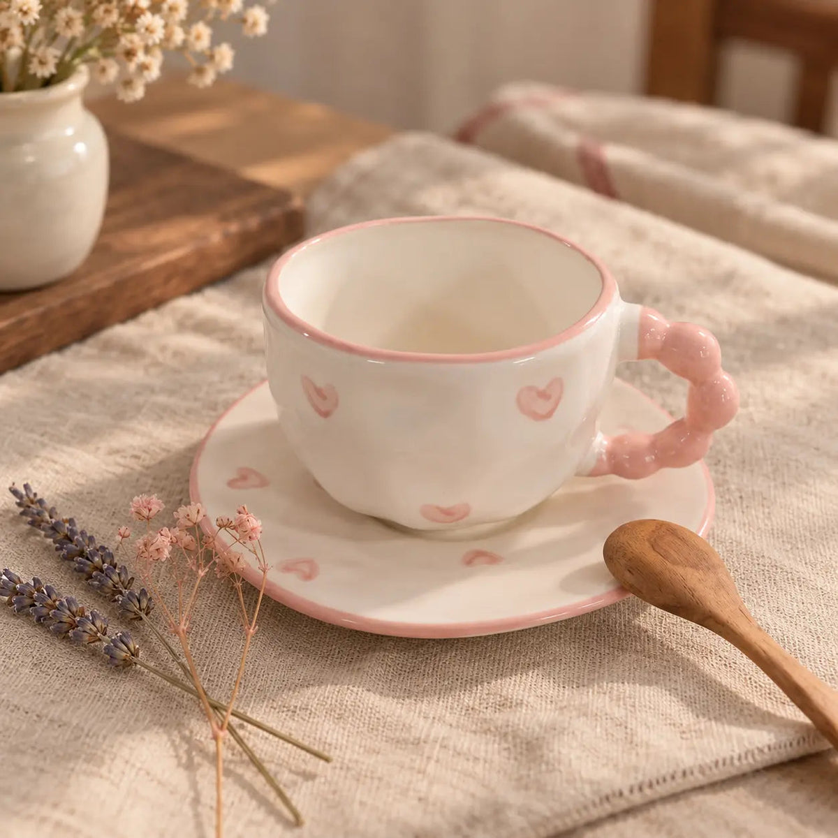 Pink Heart Ceramic Teacup & Saucer with Bubble Handle