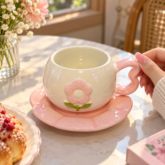 Pink Flower Ceramic Teacup & Heart Handle Saucer Set