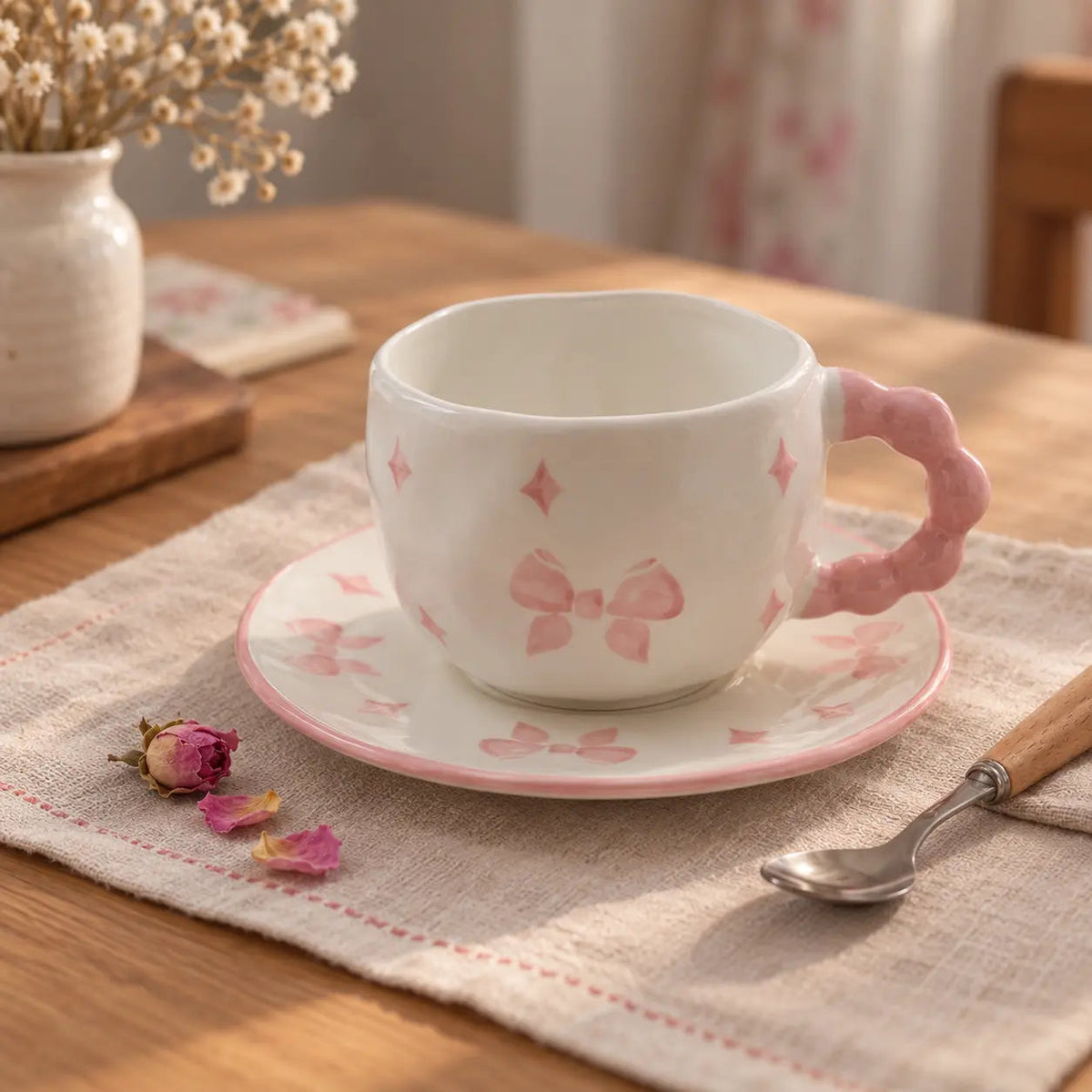 Pink Bow Print Ceramic Coffee Cup & Saucer