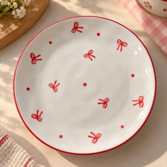 Red Ribbon & Polka Dot Ceramic Dinner Plate