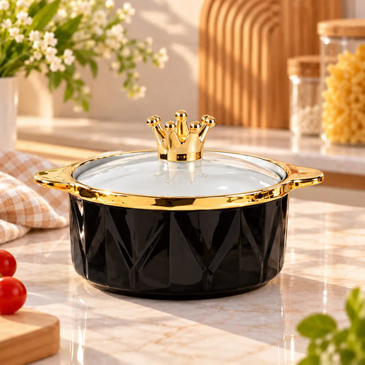 Crown Lid Ceramic Serving Bowl with Gold Trim