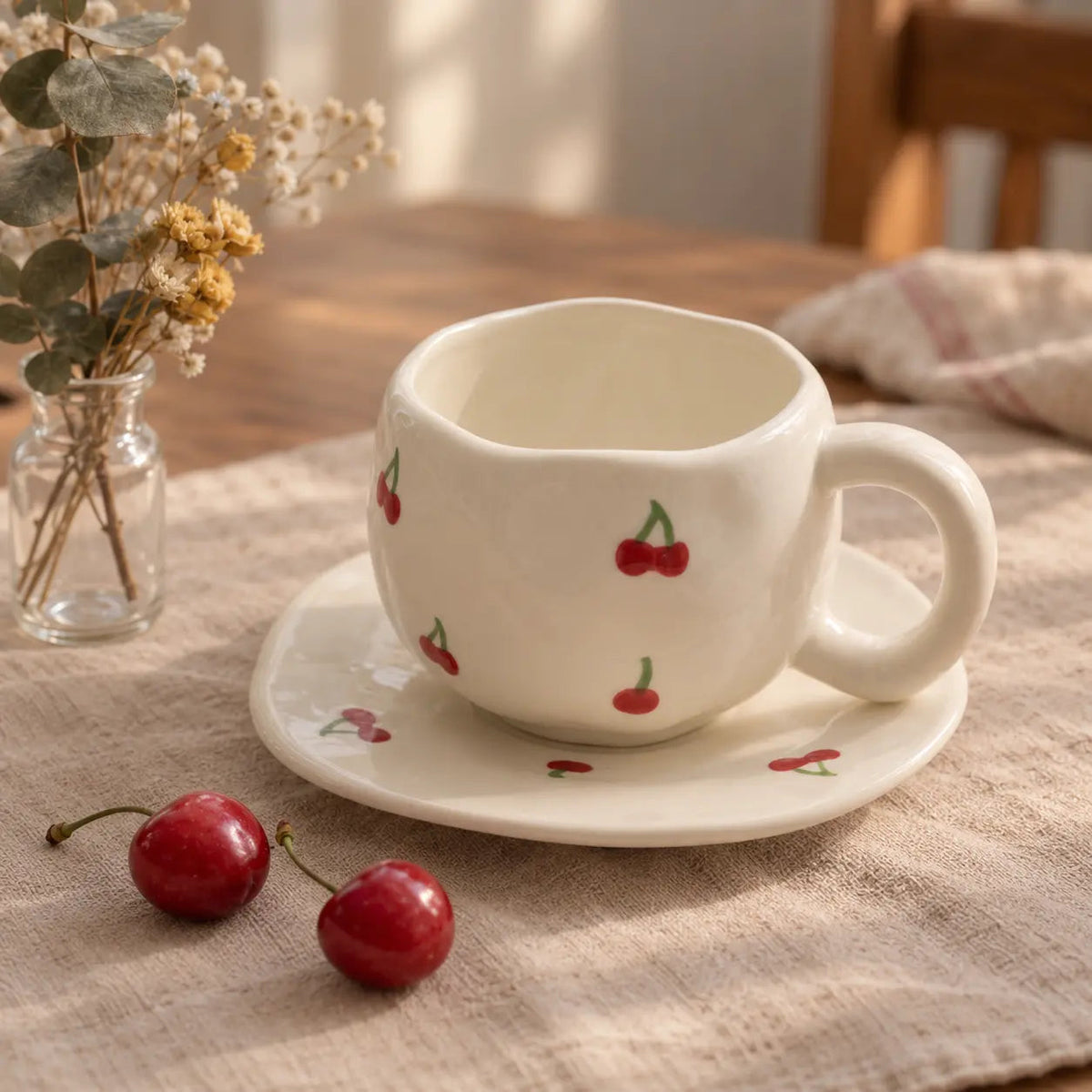 Red Cherry Ceramic Coffee Cup & Matching Saucer