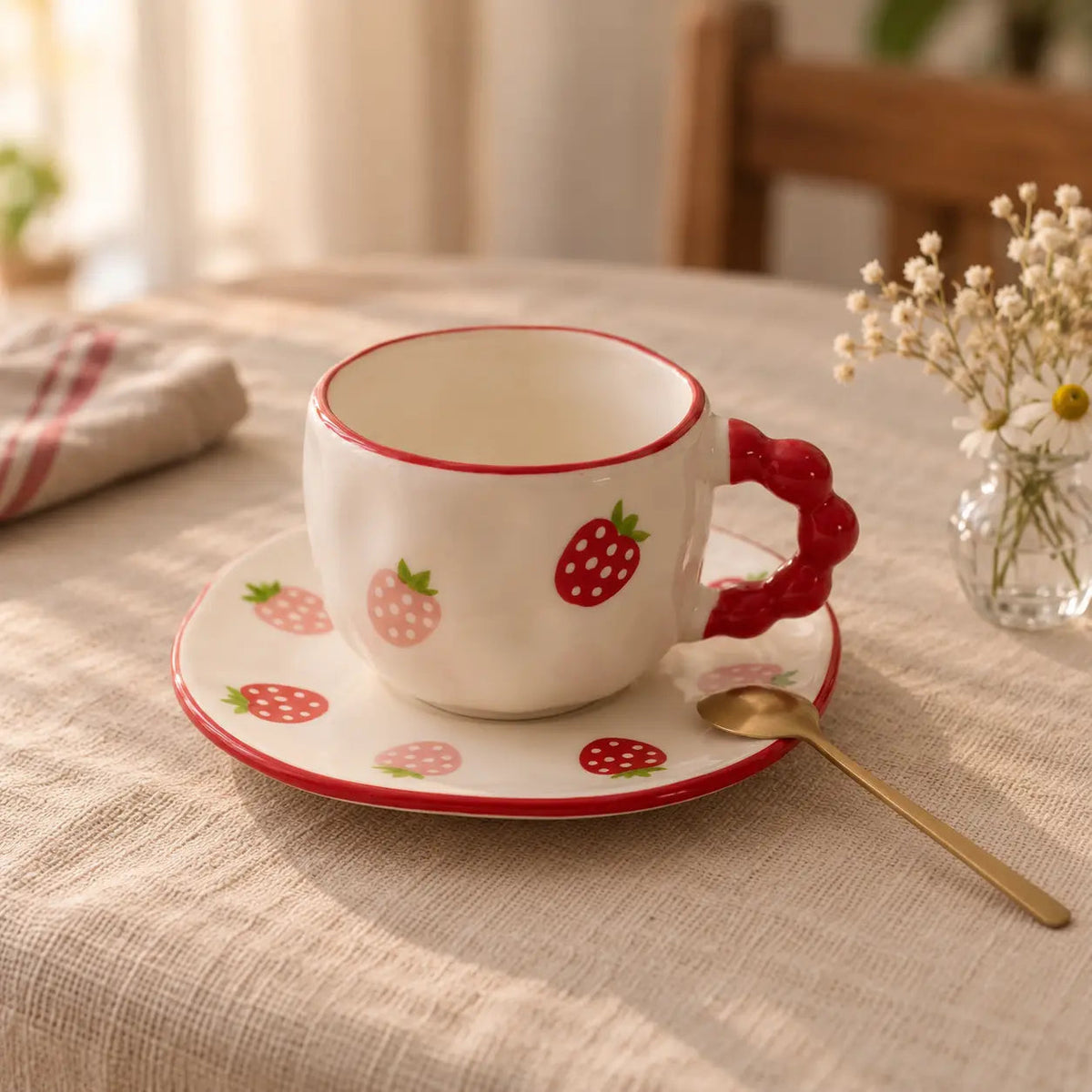 Strawberry Ceramic Teacup & Saucer with Red Handle